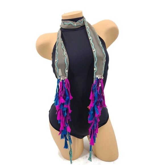New Chan Luu Patchwork Fringe Chiffon Skinny Scarf Buttons 70" Gray Pink Blue - Picture 7 of 8